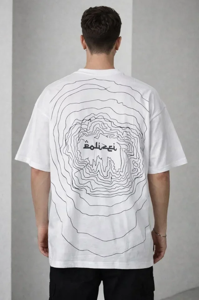 Erkek Bisiklet Yaka Baskılı Kısa Kollu Tişört Streetwear Günlük Basic Pamuklu T-shirt - Beyaz