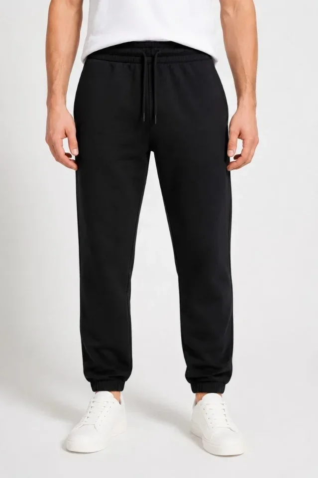Erkek İki İplik Beli Lastikli Bağcıklı Regular Fit Jogger Eşofman Altı - Siyah görsel 4