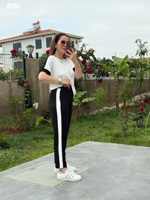 Kadın Kısa Kollu Modal Dokulu Kumaş Yanı şeritli Takım görsel 2
