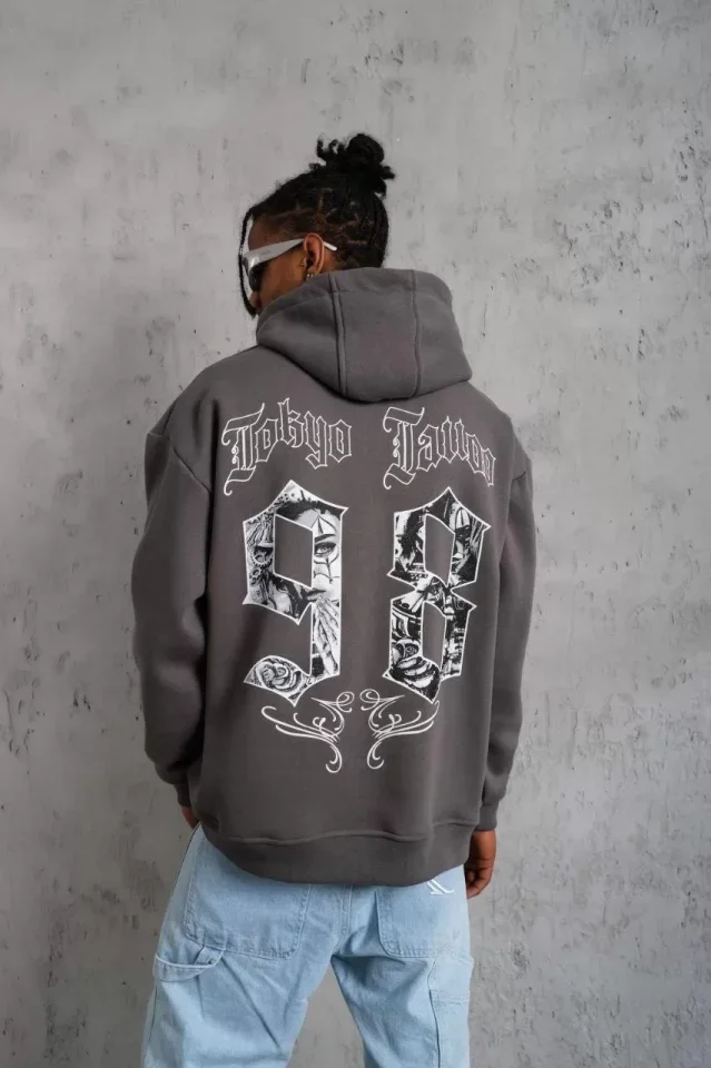 Erkek 98 Baskılı Kapşonlu Sweat - Gri görsel 3