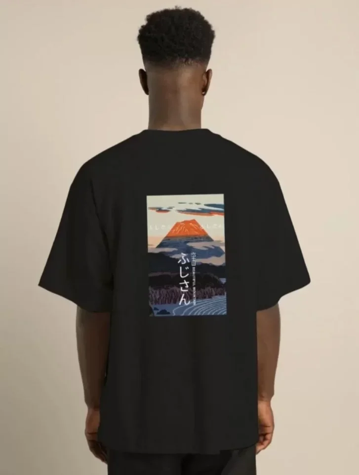 Unisex Bisiklet Yaka Baskılı Oversize T-Shirt - Siyah görsel 4