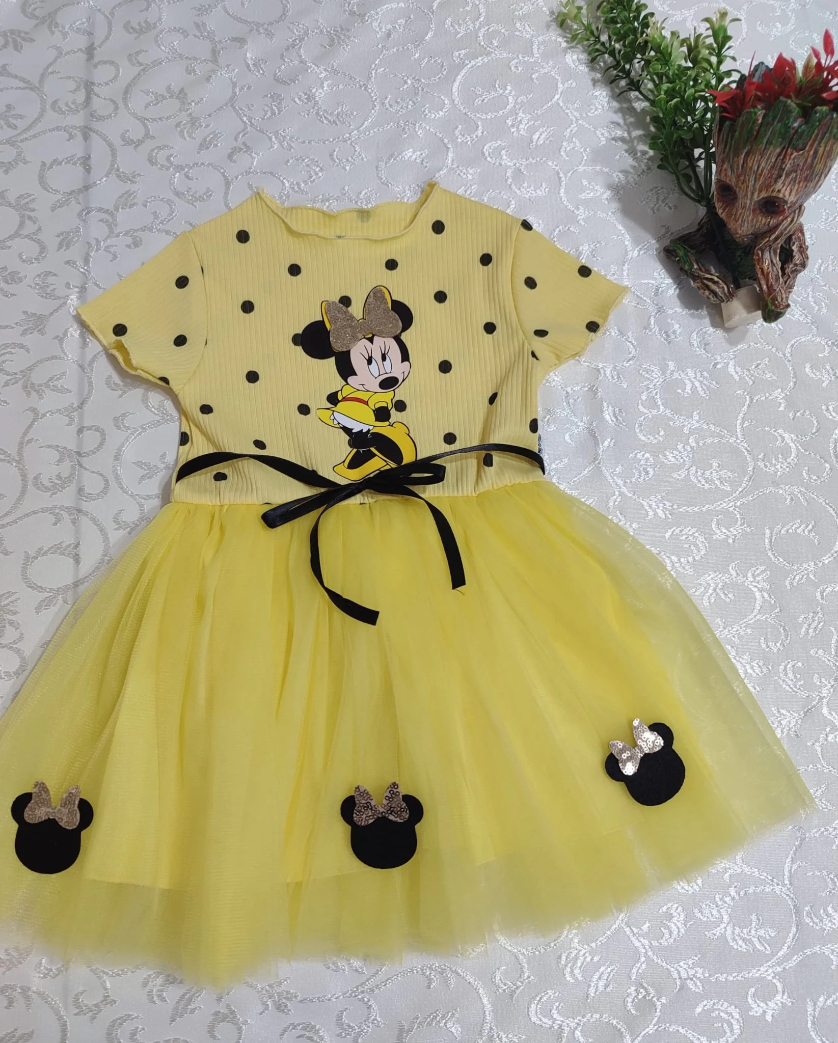 2-3-4 Yaş Puantiyeli Mickey Baskılı Kurdela Kuşaklı Astarlı Kız Bebek Tütü Elbisesi Sarı görsel 3