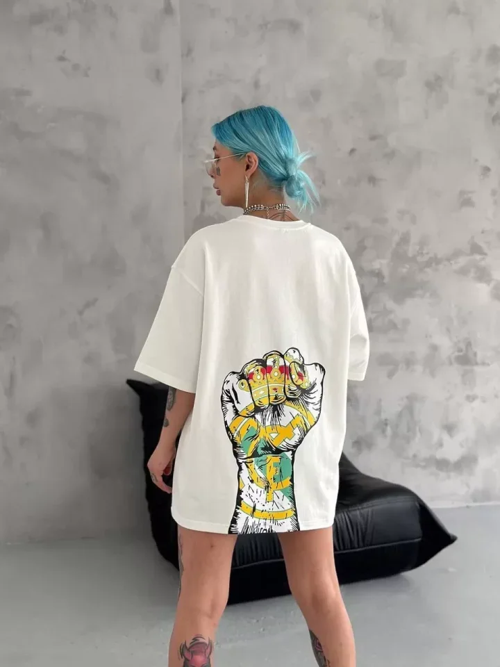Unisex Bisiklet Yaka Baskılı Oversize T-Shirt - Beyaz görsel 3