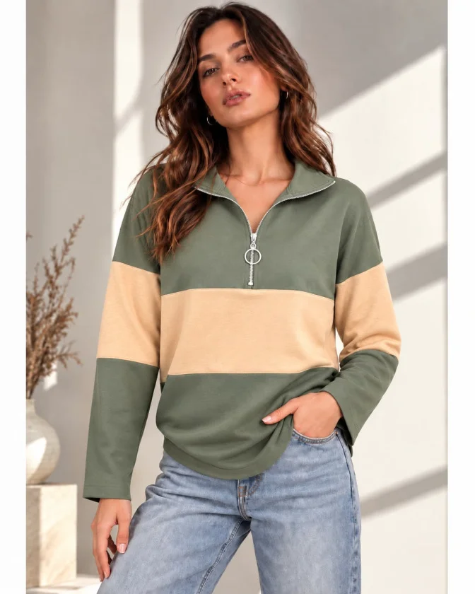 Kadın Fermuarlı Yaka Renk Bloklu Sweatshirt / Üst görsel 3