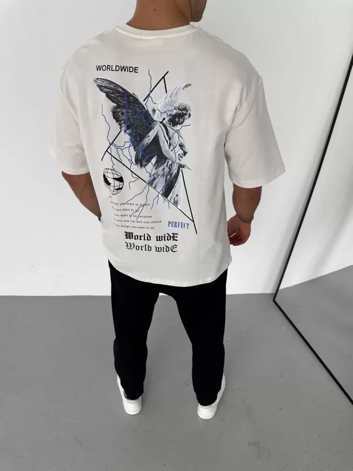 Unisex Bisiklet Yaka Baskılı Oversize T-Shirt - Beyaz görsel 3