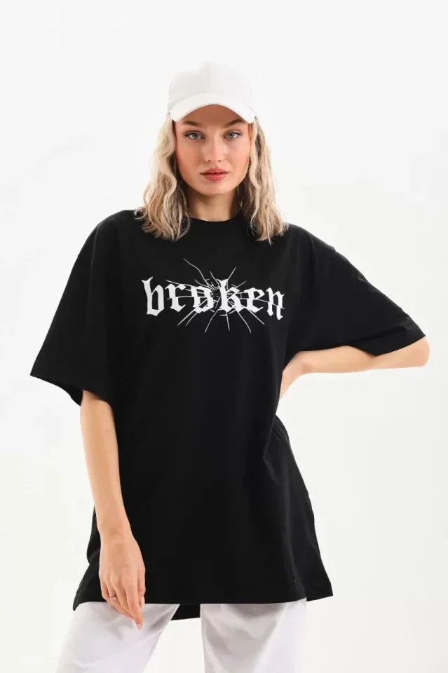 Unisex Baskılı Oversize T-Shirt - Siyah görsel 4
