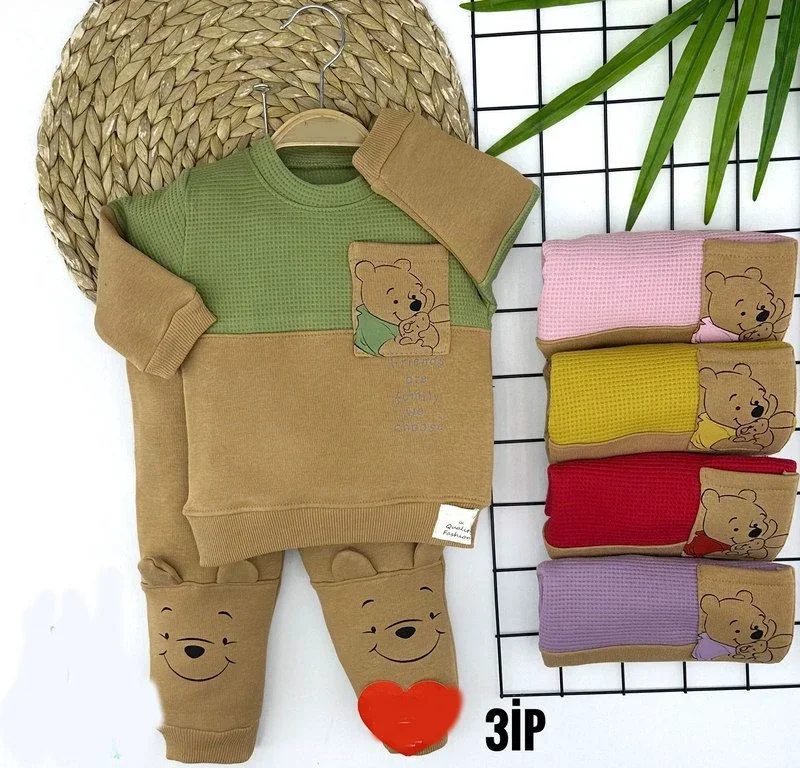 9-12-18-24 Ay Pooh Ayıcık Baskılı Tek Cepli Uzun Kollu 2li Kız Erkek Bebek Takımı
