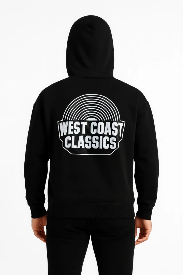 Erkek Üç İplik Kapüşonlu Ön Ve Arka Baskılı SweatShirt Hoodie - Siyah görsel 3