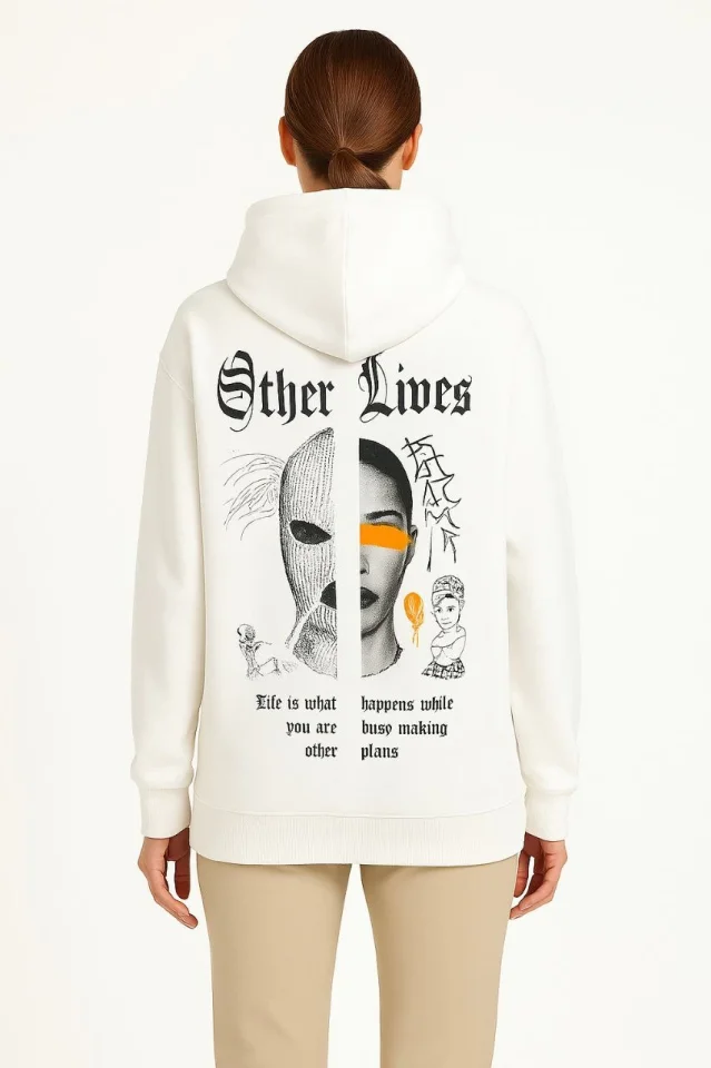 Kapşonlu Sweatshirt – Oversize Üç İplik Şardonlu Hoodie, “Other Lives” Ön - Arka Baskılı, Kanguru Cepli, Kışlık Rahat Günlük Stil - Beyaz görsel 3