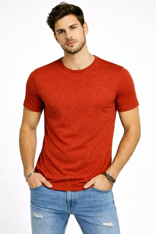 Erkek Flam Kumaş Melanj Dokulu Regular Fit Tişört Bisiklet Yaka Yazlık T-Shirt - Kiremit görsel 3