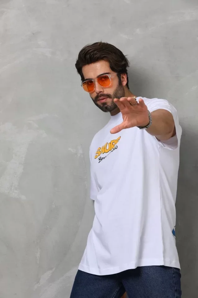 Unisex Bisiklet Yaka Baskılı Oversize T-Shirt - Beyaz görsel 2
