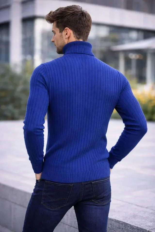 Erkek Balıkcı Yaka Bağazlı Triko Kazak Pamuklu Kalın Fitilli Dokuma, Regular Fit Uzun Kollu Kışlık Model - İndigo görsel 2