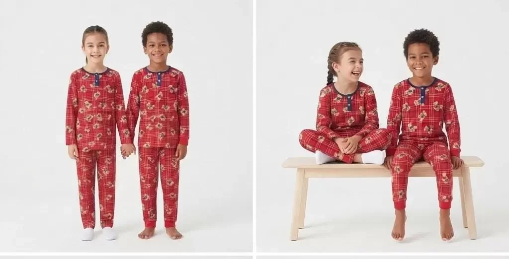 6/14 Yaş Ekose Ayıcık Baskılı Pamuk Penye Çocuk Pijama Takımı