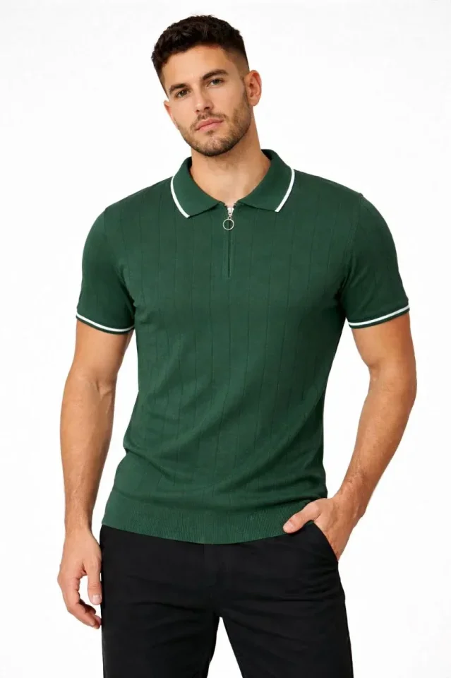 Erkek Fermuarlı Yaka Fitilli Triko Kısa Kollu Regular Fit Tişört T-shirt - Yeşil görsel 2