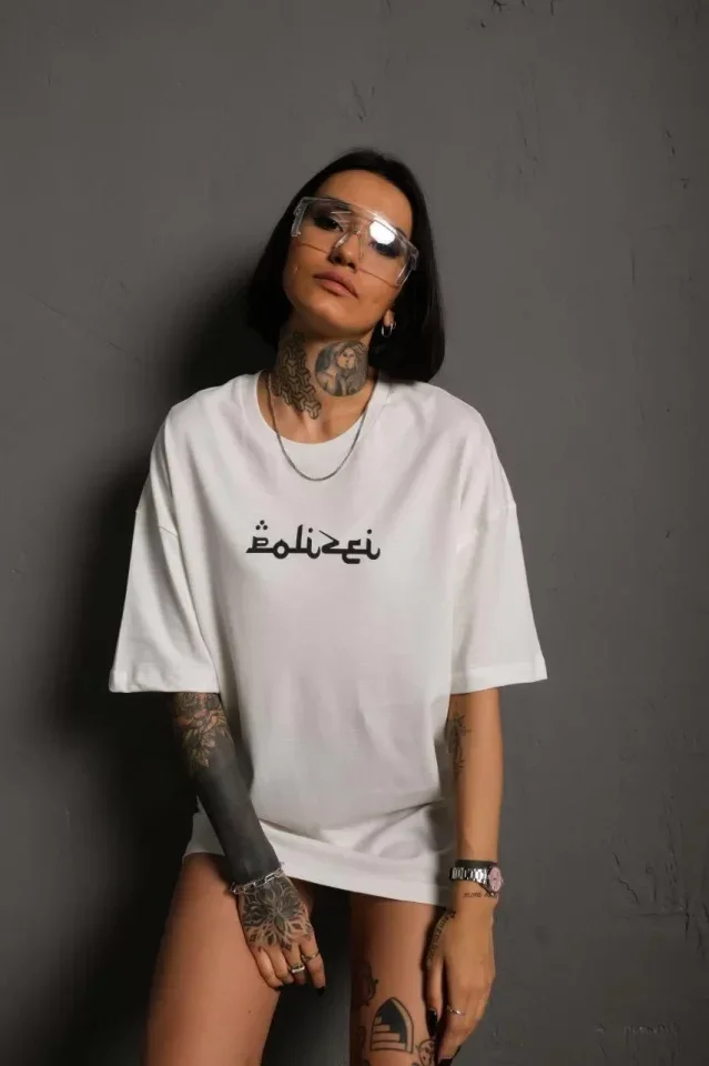 Bisiklet Yakalı Sırt Baskılı Oversize T-Shirt - Beyaz görsel 2