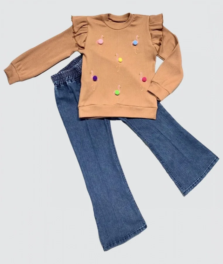 4-5-6 Yaş Kot Pantolonlu Flamingo Desenli Penye Sweat Uzun Kollu 2li Kız Çocuk Takımı Kahverengi