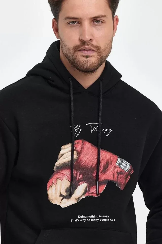 Unisex Kapüşonlu Üç İplik Oversize Baskılı Sweatshirt - Siyah görsel 2