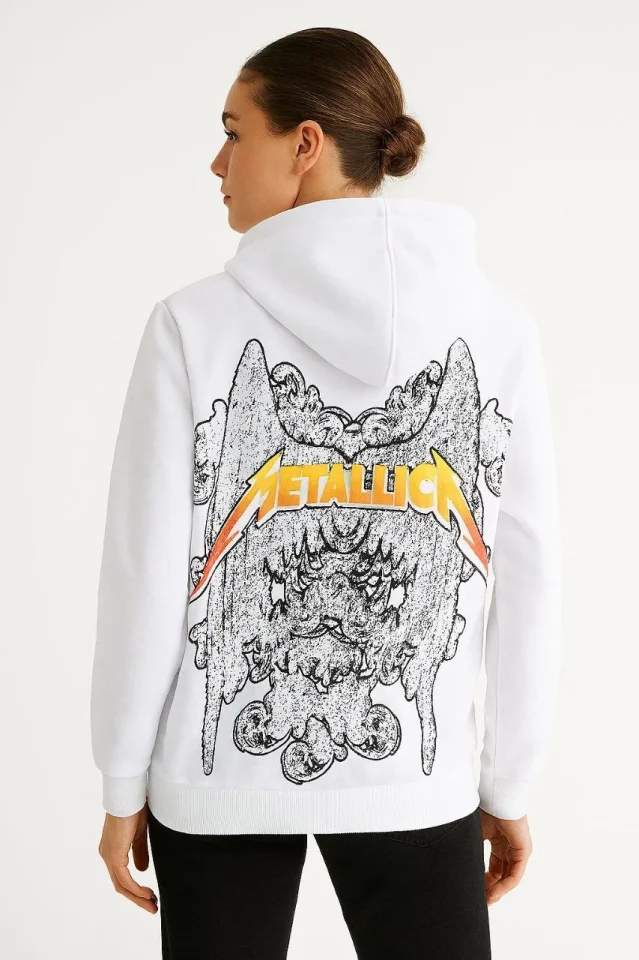 Metallica İki İplik Kapüşonlu Ön Ve Arka Baskılı Hoodie - Beyaz görsel 4