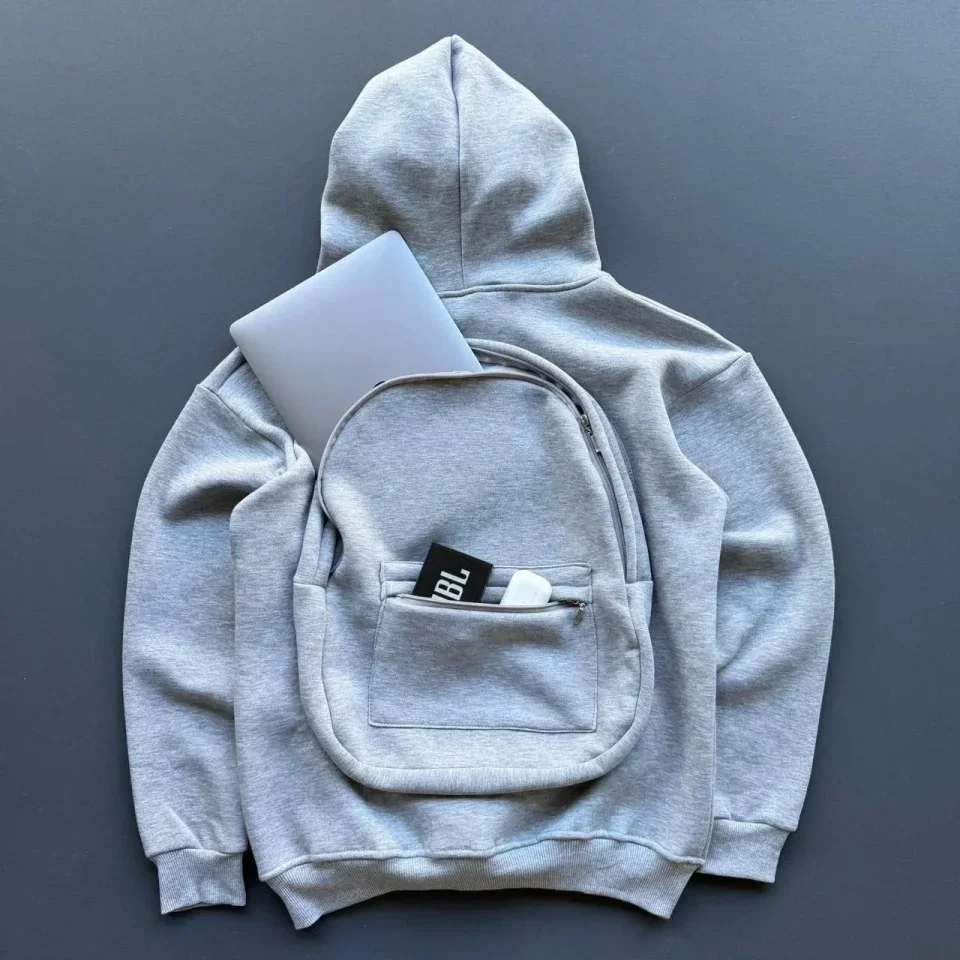 Erkek 3 İplik Şardonlu Tam Fermuarlı Kapüşonlu Arka Çanta Detaylı Sweatshirt - Gri görsel 2