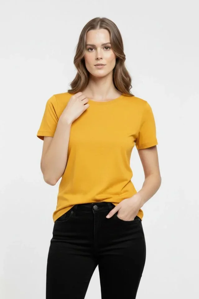 T-Shirt Bisiklet Yaka Slim Fit Likralı Tişört Günlük Basic Body - Sarı görsel 2