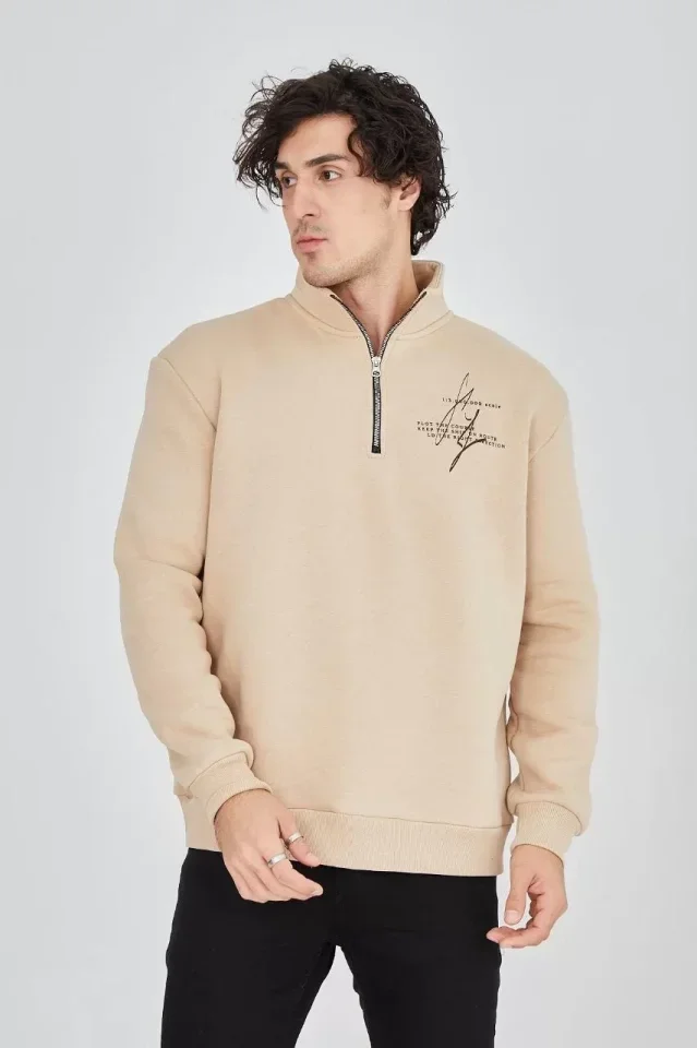 Erkek Yarım Fermuarlı Baskılı Sweat - Bej görsel 3
