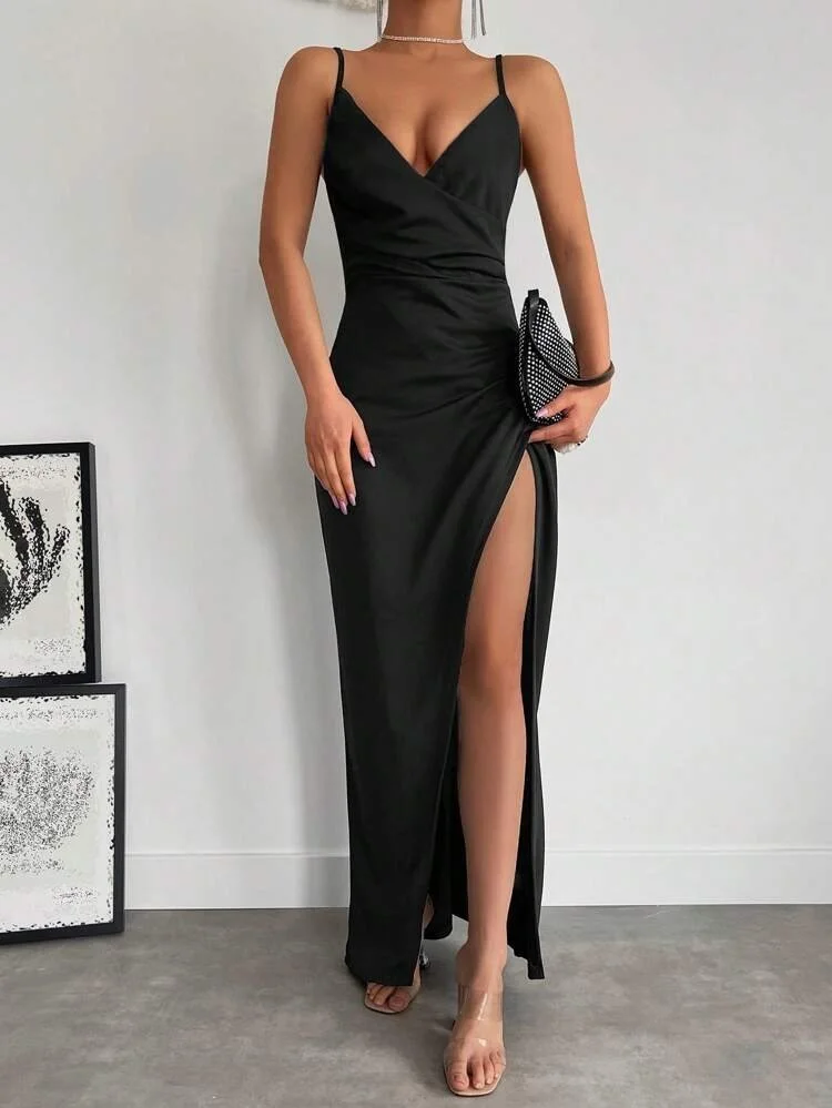 Kadın Askılı Kruvaze Yaka Derin Yırtmaçlı Krep Elbise görsel 8