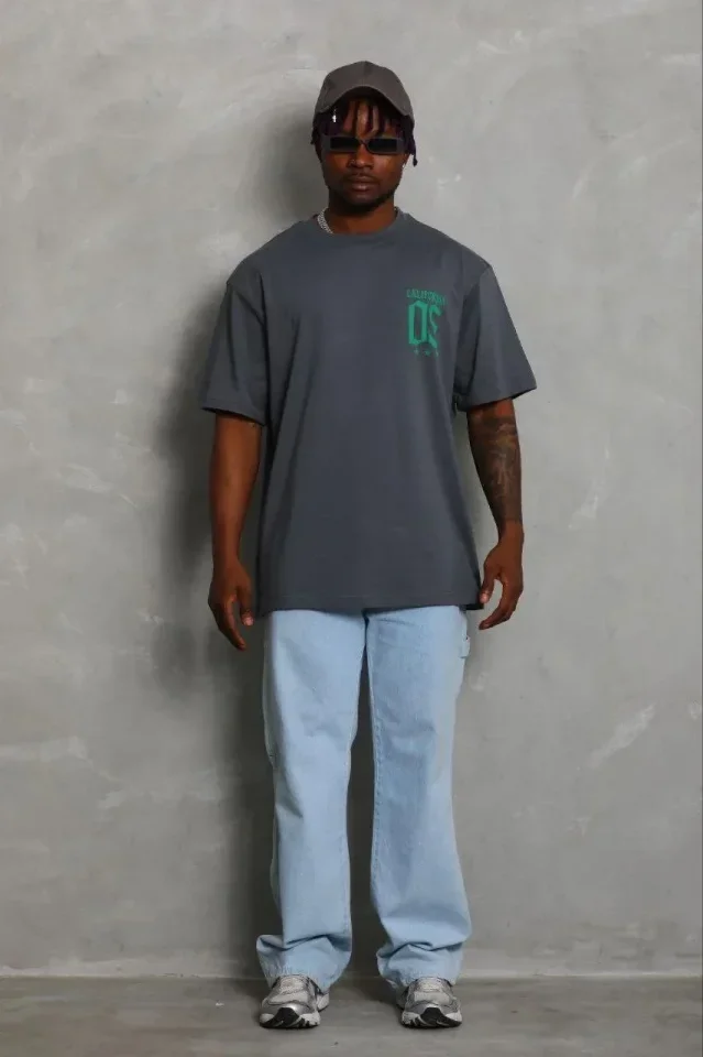 Erkek Baskılı T-Shirt Kısa Kol Bisiklet Yaka Regular Fit Rahat Kalıp Günlük Tişört - Füme görsel 3