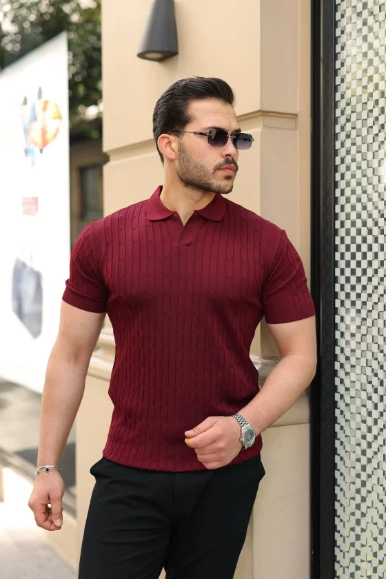 Erkek Örgü Desen Yakalı Kısa Kollu Triko Tişört görsel 3