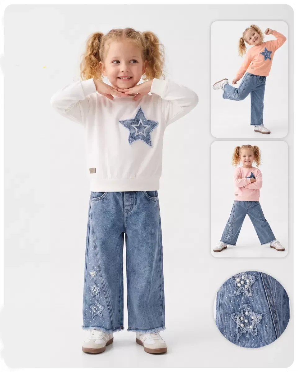 3/6 Yaş Taşlı Çift Yıldız Nakışlı Sweatli Kot Pantolonlu Çocuk Takımı görsel 2