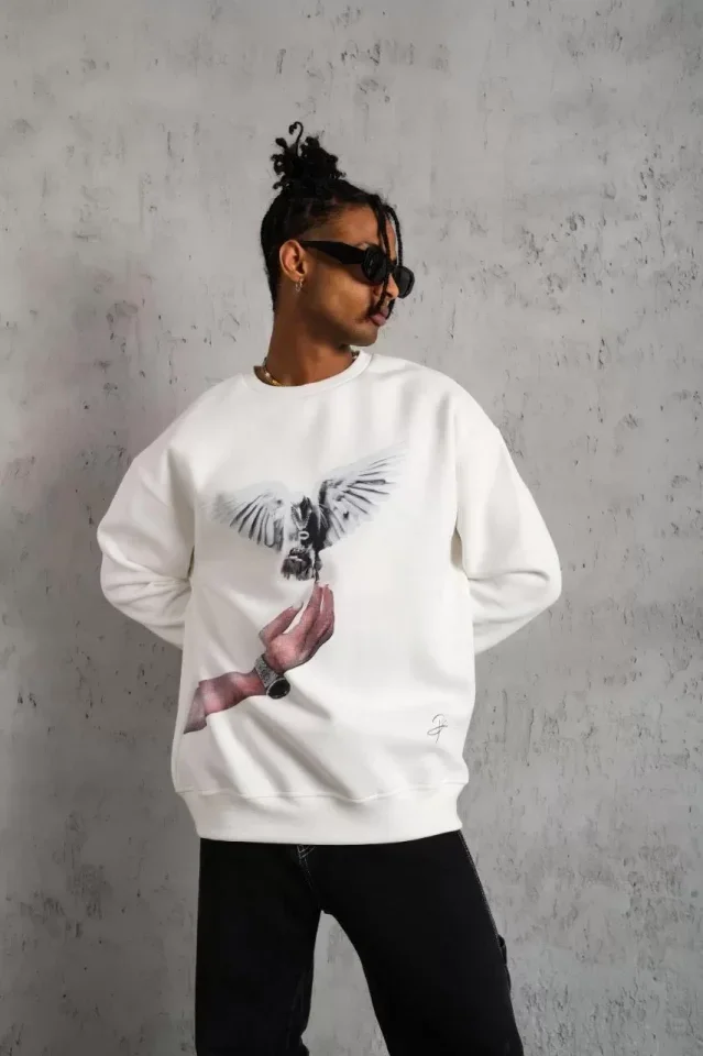 Erkek Güvercin Baskılı Sweatshirt - Beyaz görsel 2