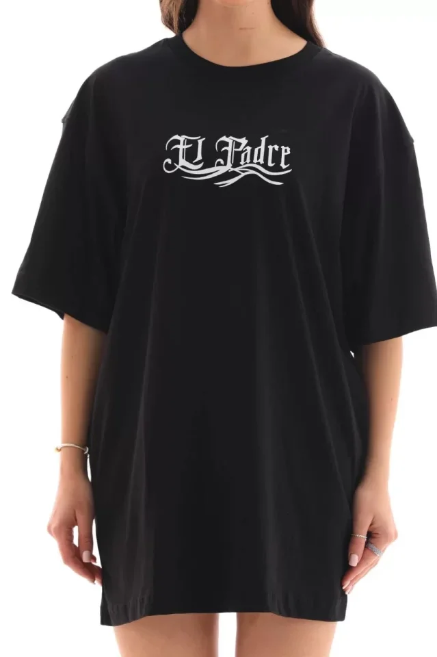 Unisex Bisiklet Yaka Baskılı Oversize T-Shirt - Siyah görsel 4