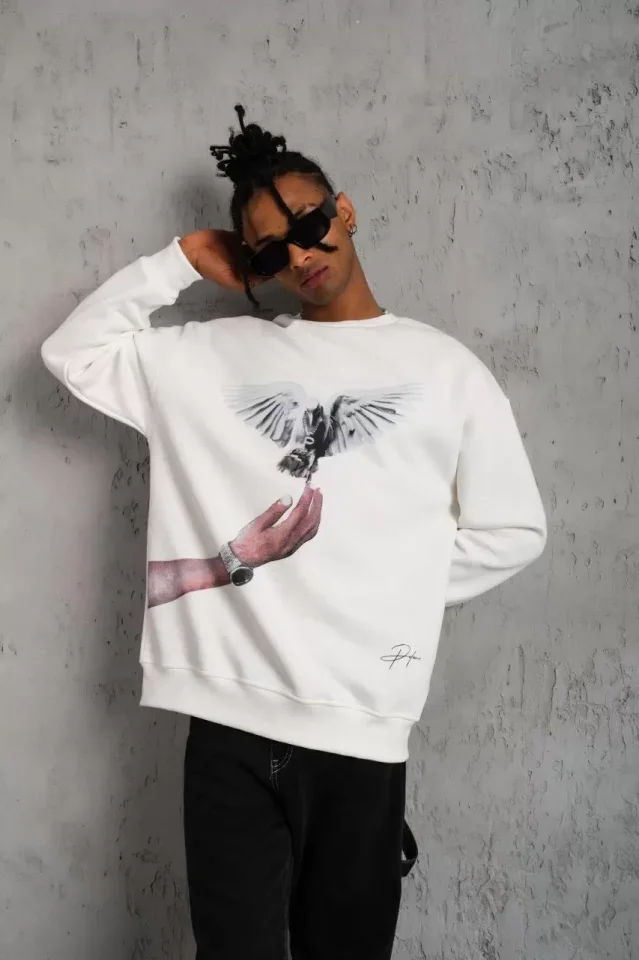 Erkek Güvercin Baskılı Sweatshirt - Beyaz görsel 4