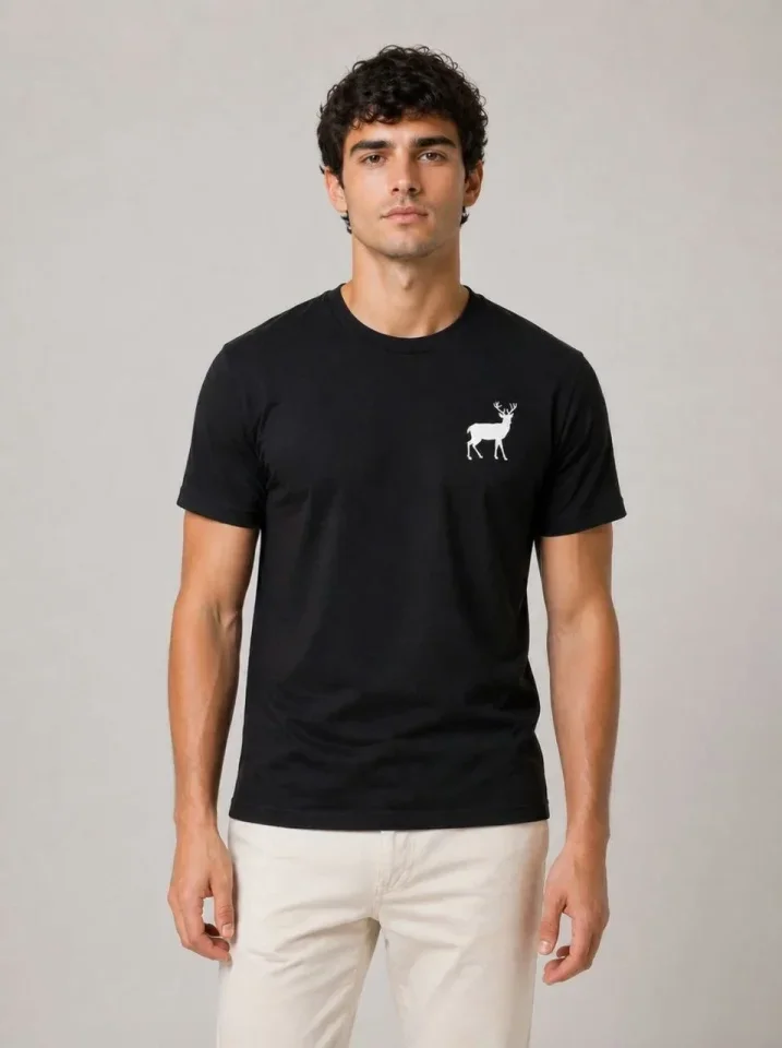 Erkek Minimal Geyik Logolu Tişört Bisiklet Yaka Kısa Kol Yazlık T-Shirt - Siyah görsel 3