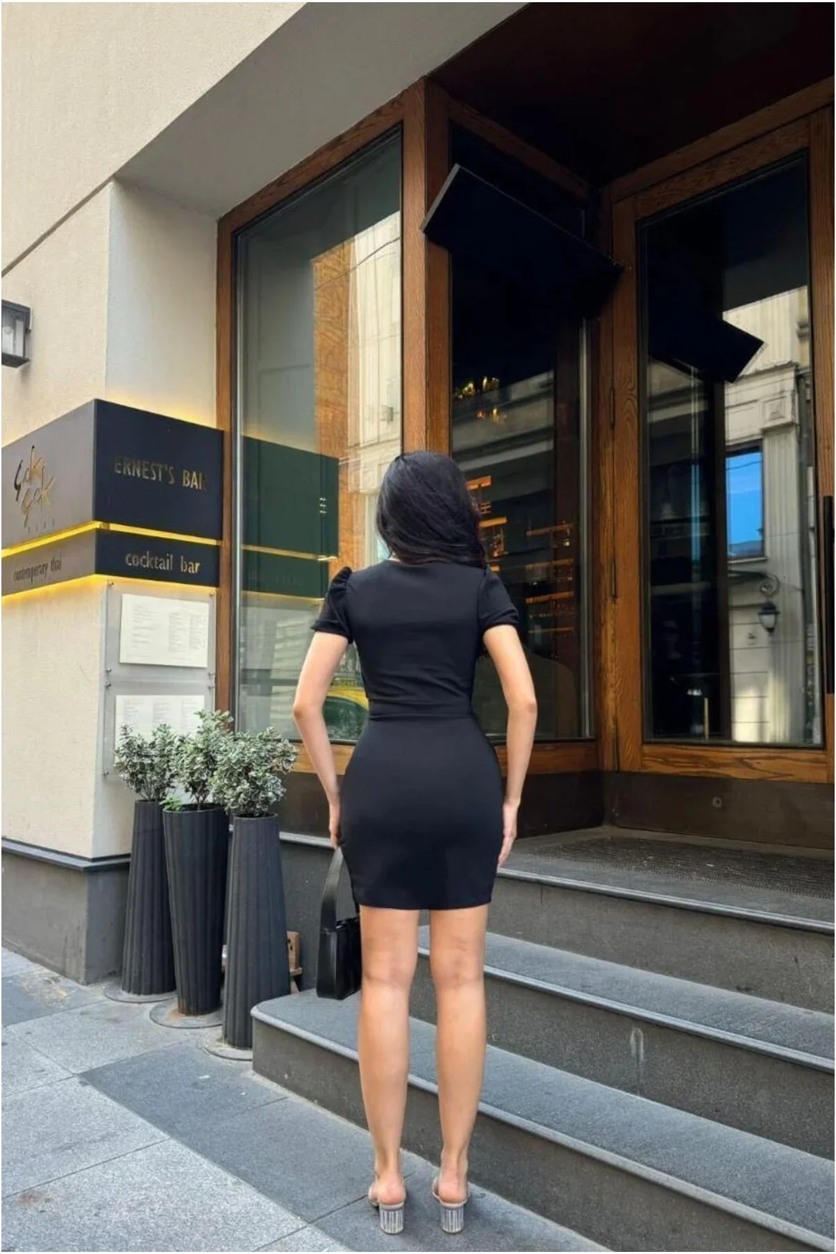Kadın Özgün Tasarım Kare Yaka Mini Balon Kollu Elbise görsel 4