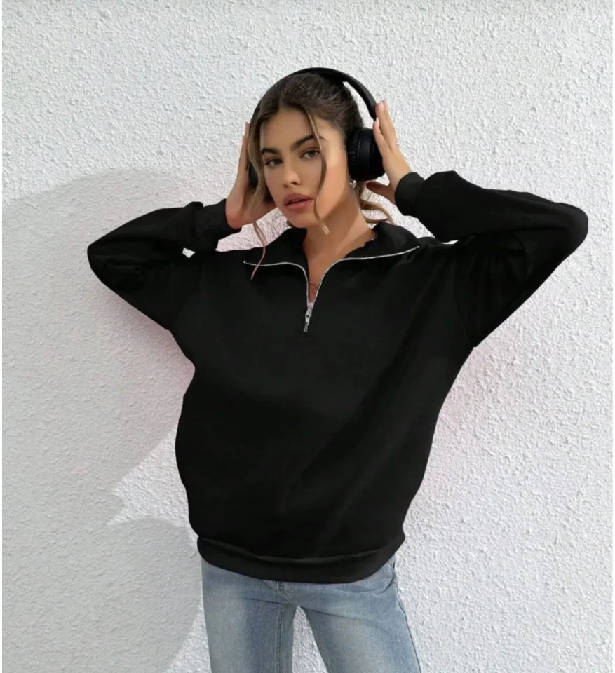 Unisex Uzun Kol Yarım Farmuarlı Yakalı Basic SweatShirt - Siyah görsel 2