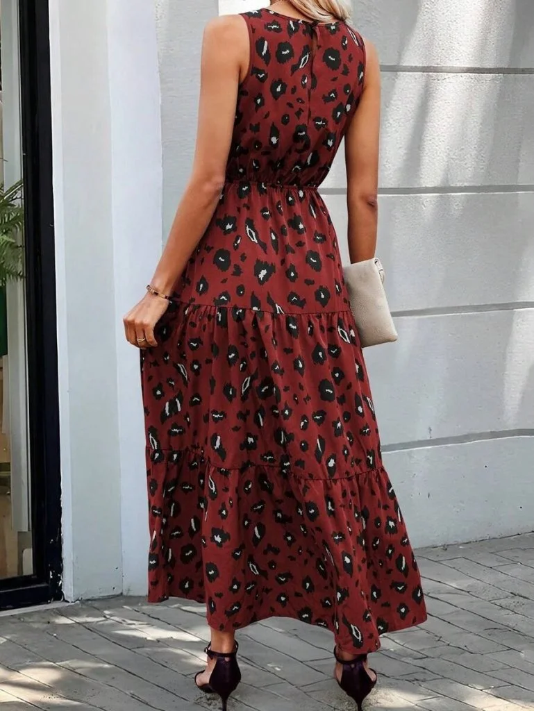 Kadın Kolsuz Bisiklet Yaka Beli Lastikli Desenli Süprem Elbise görsel 5