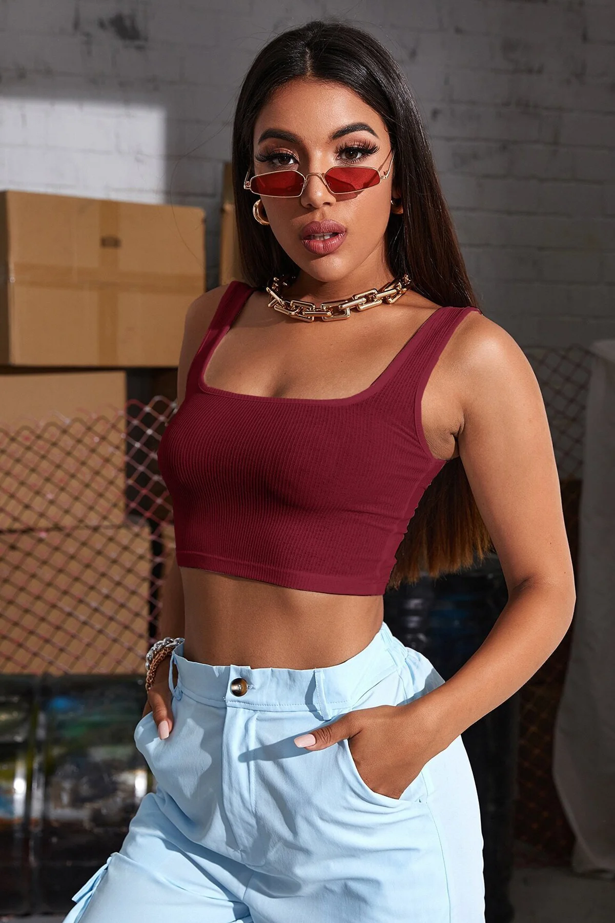 Kadın Bordo Kalın Askılı Crop Top Büstiyer görsel 3