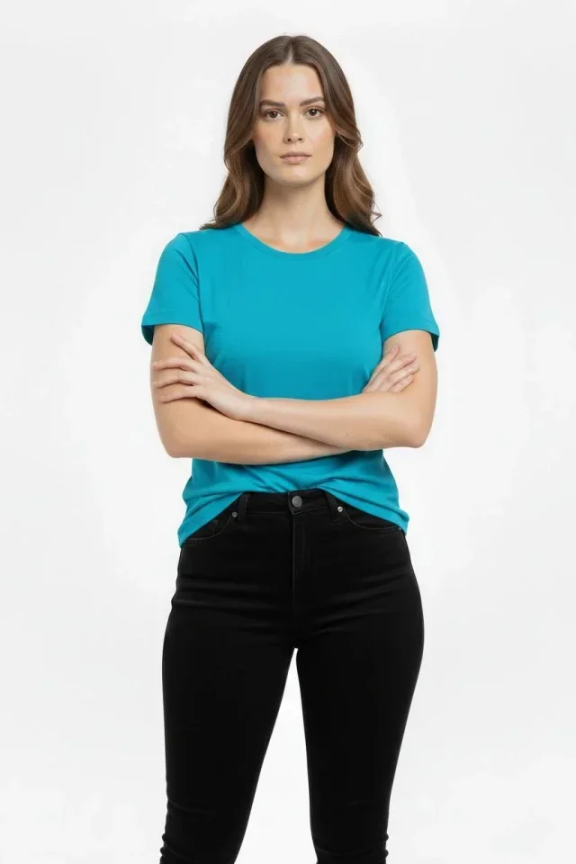 T-Shirt Bisiklet Yaka Slim Fit Likralı Tişört Günlük Basic Body - Turkuvaz görsel 3