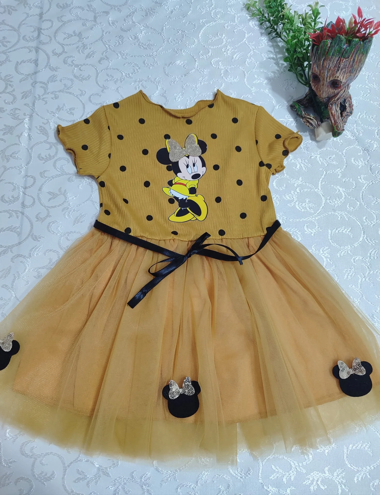 2-3-4 Yaş Puantiyeli Mickey Baskılı Kurdela Kuşaklı Astarlı Kız Bebek Tütü Elbisesi Hardal görsel 3