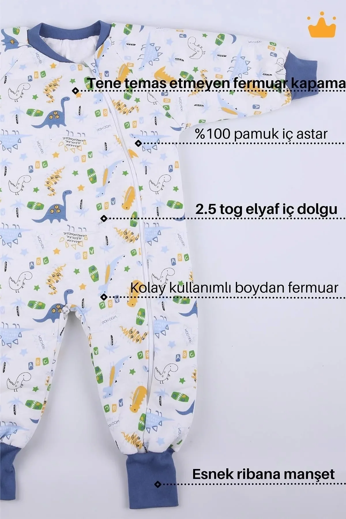 Mavi Dinozor Desenli Çocuk Uyku Tulumu görsel 2
