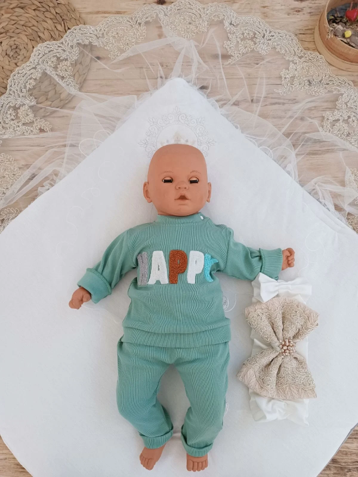 Yenidoğan Teri Cotton Taç Nakışlı Prizma Taş Kundak Bebek Battaniyesi Bej görsel 4
