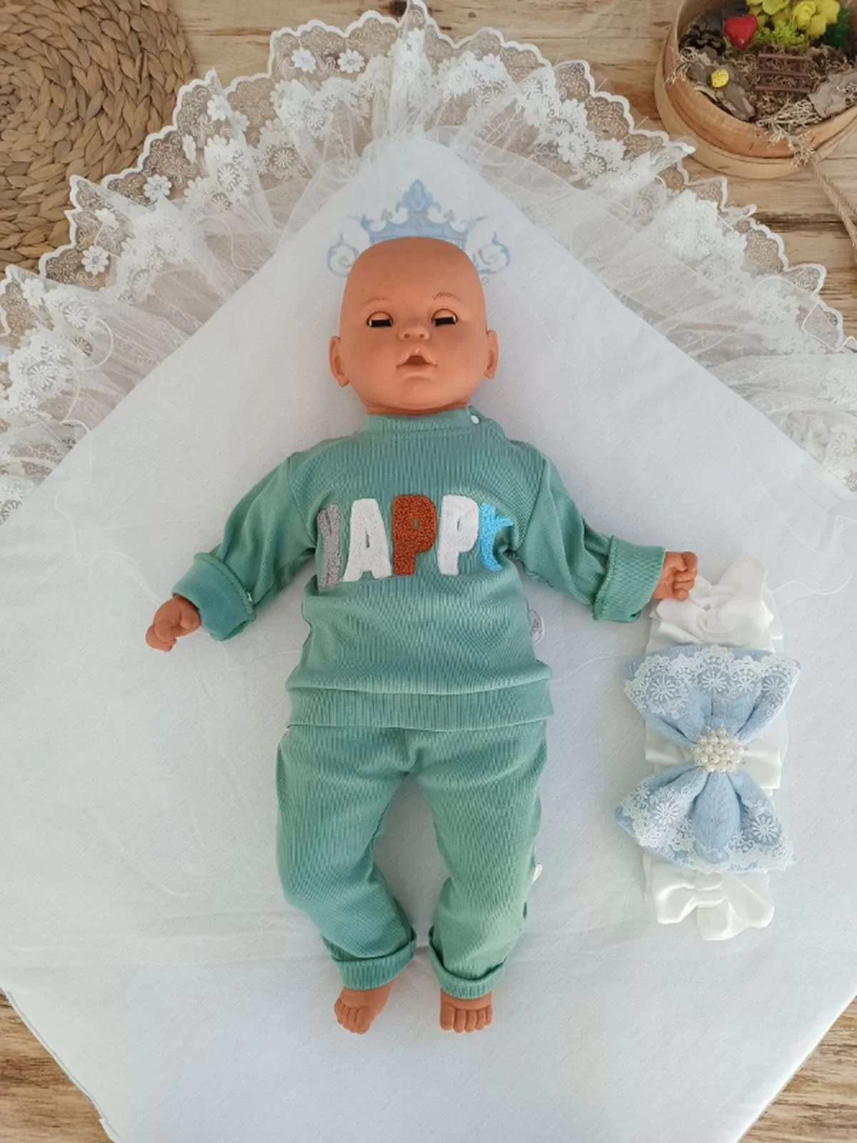 Yenidoğan Teri Cotton Taç Nakışlı Prizma Taş Kundak Bebek Battaniyesi Mavi görsel 4