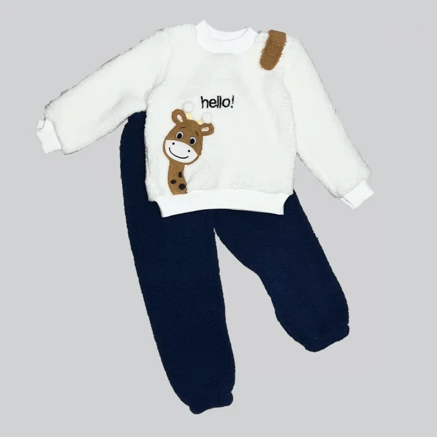 1-2-3 Yaş Hello Zürafa Nakışlı Kuzu Kumaş Sweat Pantolon Uzun Kollu Kız Erkek 2 Li Takımı