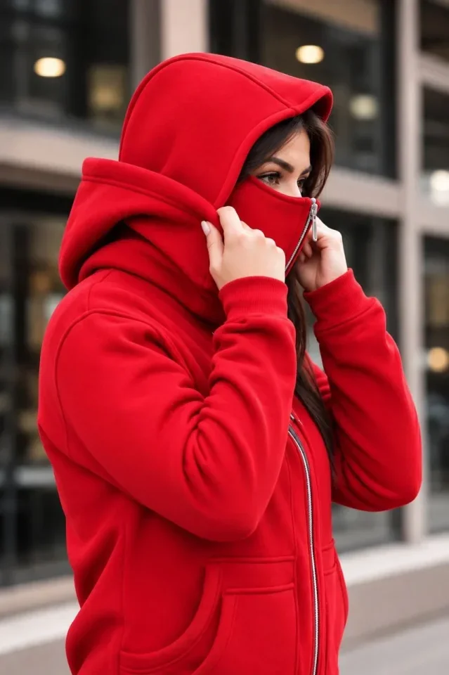 Maskeli Ninja Model Çift Kapüşonlu 3 İplik Şardonlu Fermuarlı Oversize Sweatshirt - Kırmızı görsel 3