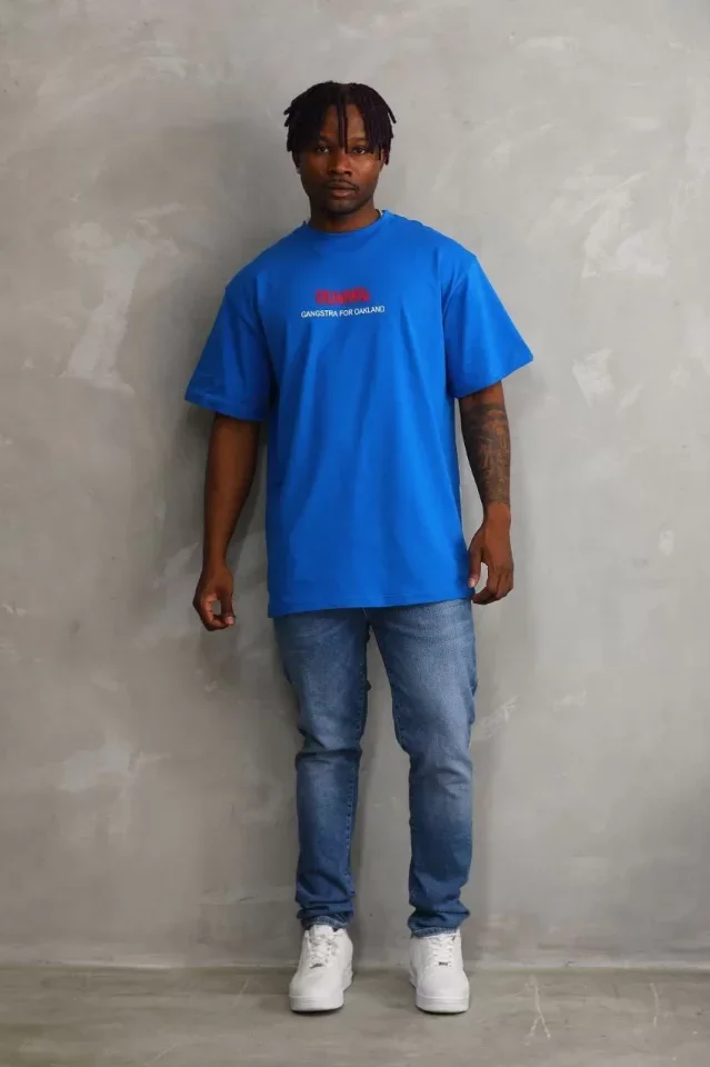 Unisex Baskılı Oversize T-Shirt - Mavi görsel 4