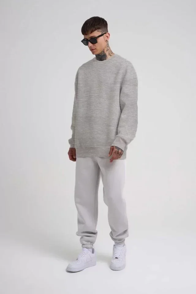 Unisex Biskilet Yaka Üç İplik SweatShirt - Gri görsel 2