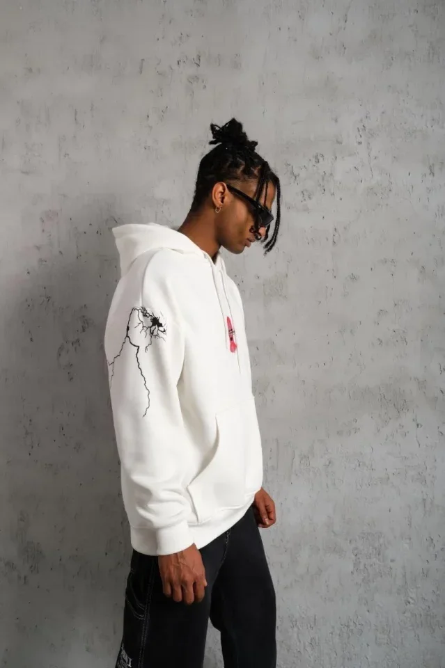 Erkek Maske Baskılı Kapüşonlu Sweat - Beyaz görsel 2