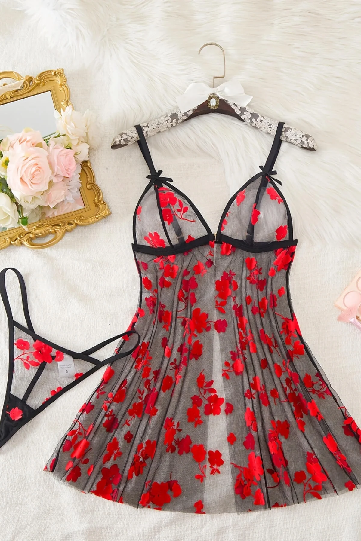 Çiçek Desenli Siyah Transparan Gecelik TM1319 görsel 2
