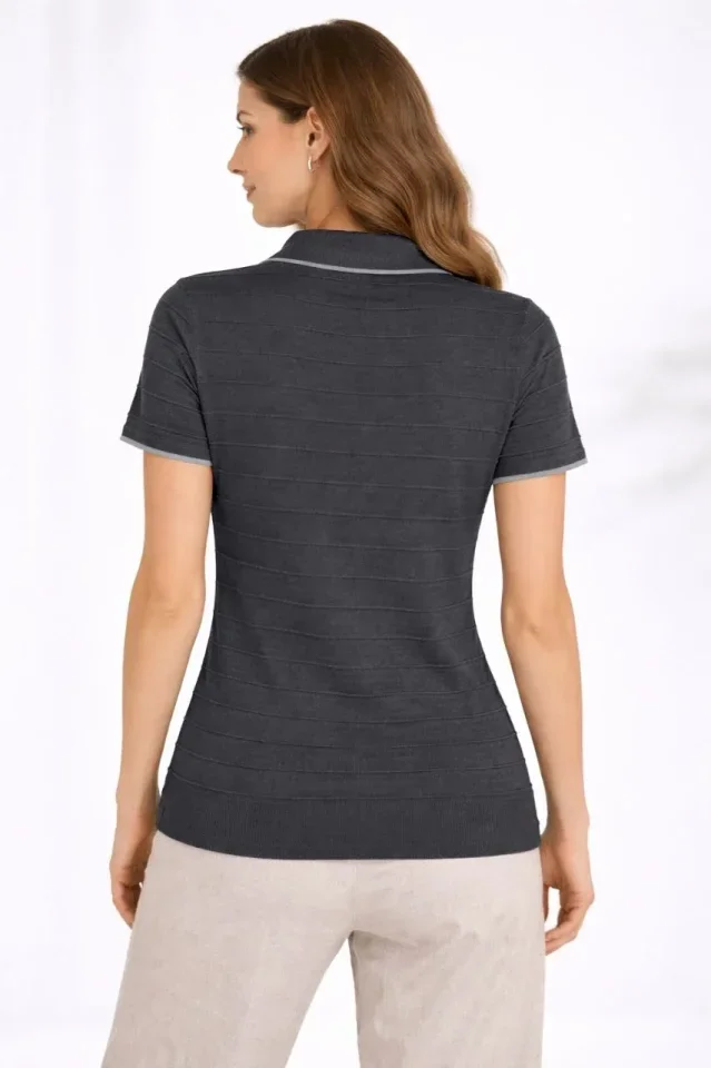 Triko Kumaş Yakalı Düğmesiz Açık Yaka Fitilli Kısa Kollu Regular Fit Tişört T-shirt - Siyah görsel 2