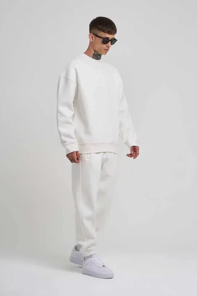 Unisex Biskilet Yaka Üç İplik SweatShirt - Beyaz görsel 2